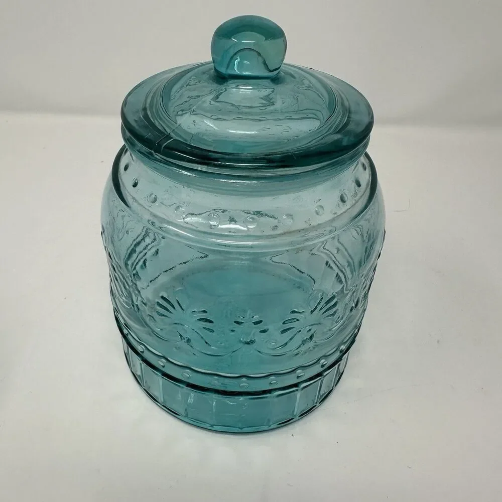 The Pioneer Woman Cassie Teal Embossed Glass Canister 3-Piece Set READ